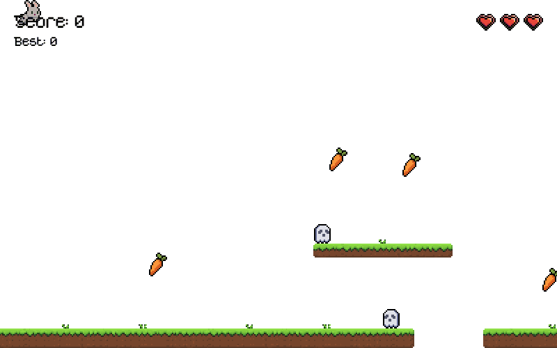 Bunny Hop gameplay: the bunny collects carrots, loses a heart to a ghost and another falling into a gap, then wins the level