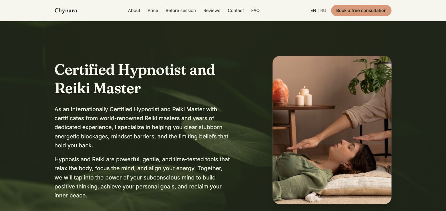 Wellness practice website home page: Certified Hypnotist and Reiki Master